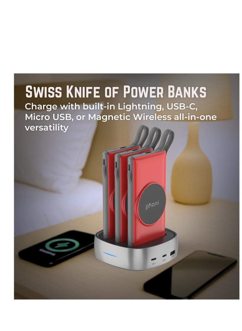 فوني Phoni 3-in-1 Magnetic Wireless Charger & 10000mAh Power Bank with Built-in USB-C, Micro USB Cables, Compatible with Lightning Devices, Apple, Samsung, Nothing, Honor & Oppo (Crimson) - Image 3