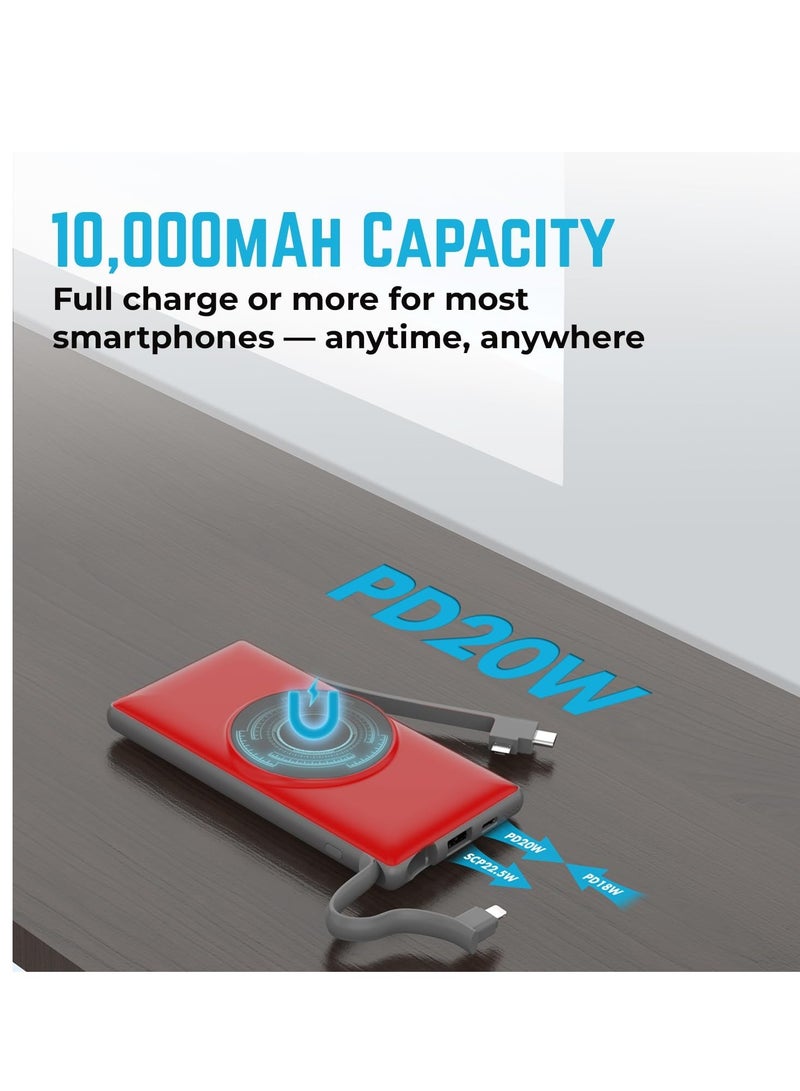 فوني Phoni 3-in-1 Magnetic Wireless Charger & 10000mAh Power Bank with Built-in USB-C, Micro USB Cables, Compatible with Lightning Devices, Apple, Samsung, Nothing, Honor & Oppo (Crimson) - Image 4