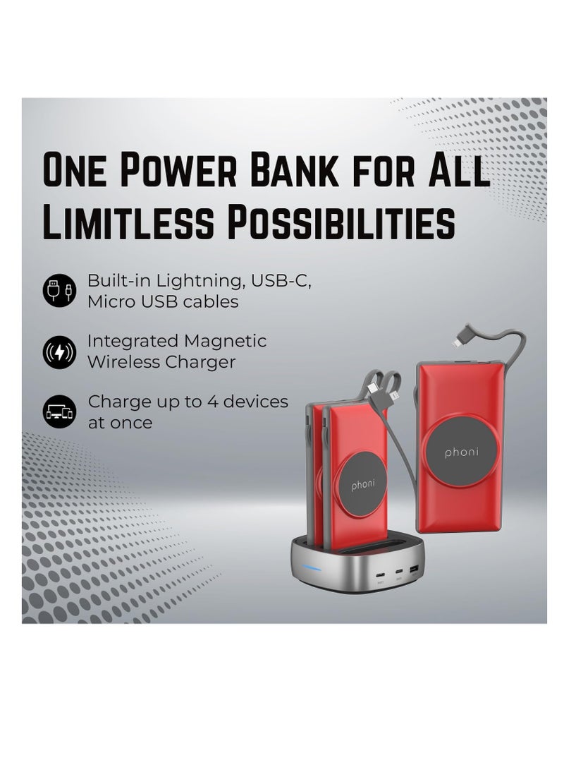 فوني Phoni 3-in-1 Magnetic Wireless Charger & 10000mAh Power Bank with Built-in USB-C, Micro USB Cables, Compatible with Lightning Devices, Apple, Samsung, Nothing, Honor & Oppo (Crimson) - Image 5