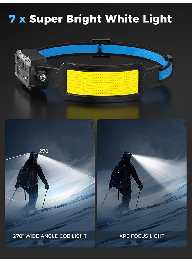 Azonee Rechargeable LED Headlamp 6 Modes Head Light with 7 White LEDs 270° Wide Beam Motion Sensor Red Tail Light Ideal for Camping Fishing Running & Repair [Energy Class A+++]  - Image 2