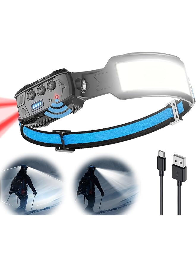 Azonee Rechargeable LED Headlamp 6 Modes Head Light with 7 White LEDs 270° Wide Beam Motion Sensor Red Tail Light Ideal for Camping Fishing Running & Repair [Energy Class A+++]  - Image 1