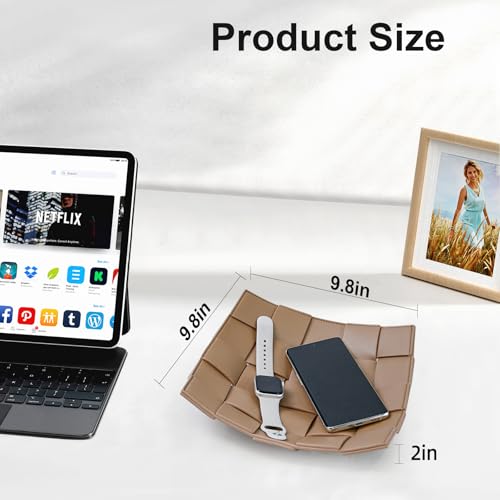 MSJGA Valet Tray PU Leather Key Holder Bowl for Men and Women Entryway Table Nightstand Catchall Storage Organizer Tray for Wallet, Keys, Jewelry, Coins - Coffee, 9.8" L x 9.8" W x 2" H - Image 5