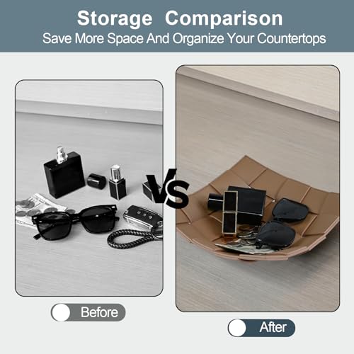 MSJGA Valet Tray PU Leather Key Holder Bowl for Men and Women Entryway Table Nightstand Catchall Storage Organizer Tray for Wallet, Keys, Jewelry, Coins - Coffee, 9.8" L x 9.8" W x 2" H - Image 4