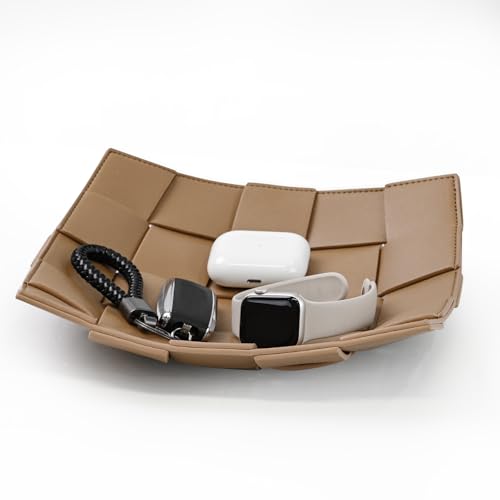 MSJGA Valet Tray PU Leather Key Holder Bowl for Men and Women Entryway Table Nightstand Catchall Storage Organizer Tray for Wallet, Keys, Jewelry, Coins - Coffee, 9.8" L x 9.8" W x 2" H - Image 1