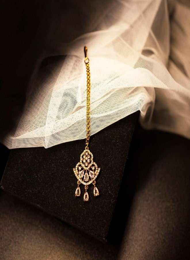 ZEELLO Gold Plated CZ Maang Tikka for Women | Bridal Bollywood Maangtikka Indian Head Jewelry - Image 4