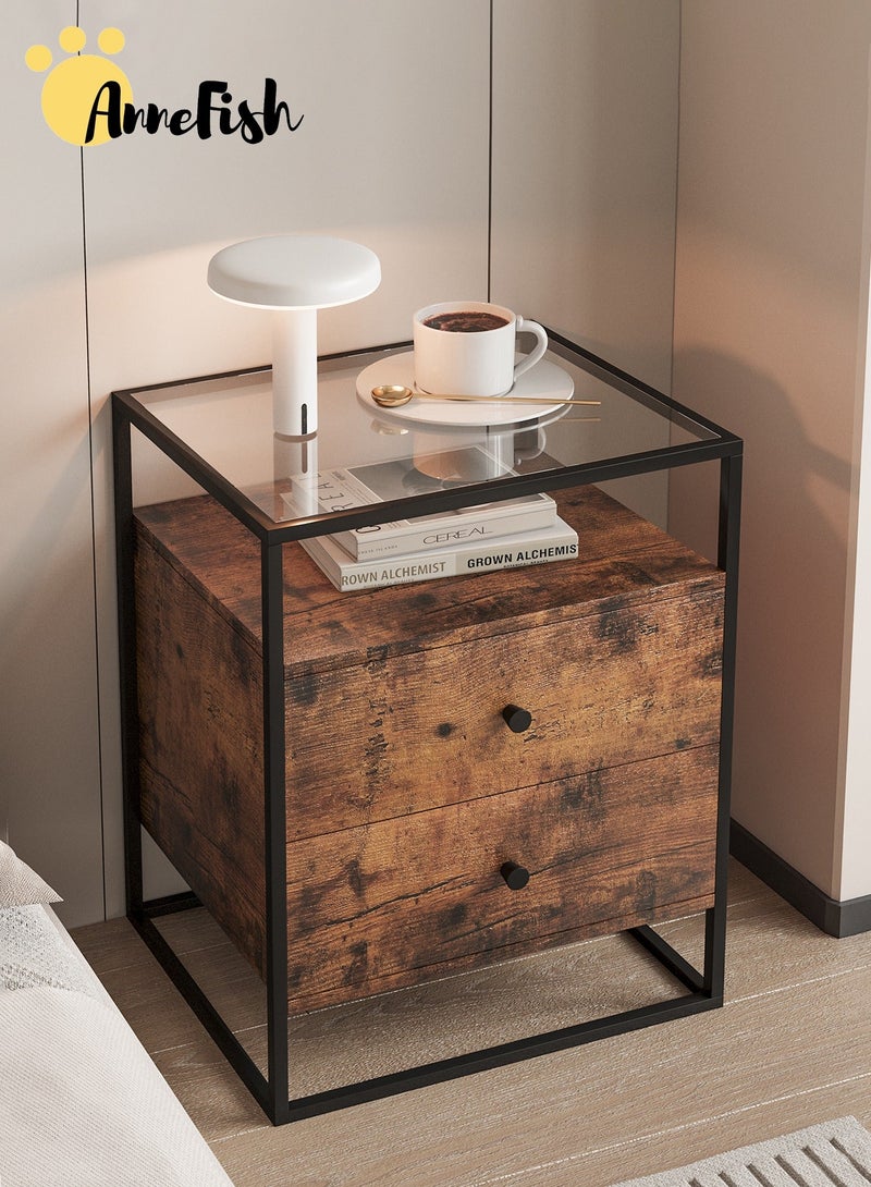 AnneFish 2pcs 50*40*60cm Nightstand Side Table Tempered Glass Top Sofa Coffee End Storage Cabinet with Metal Frame Storage Shelf and 2 Drawers for Living Room and Bedroom - Image 2
