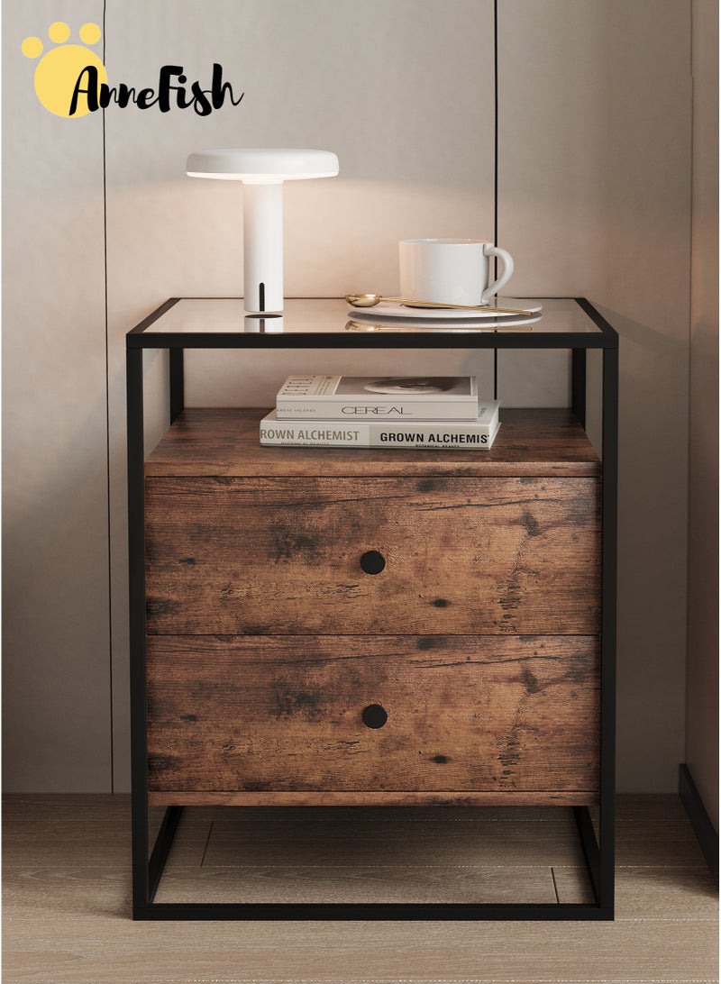 AnneFish 2pcs 50*40*60cm Nightstand Side Table Tempered Glass Top Sofa Coffee End Storage Cabinet with Metal Frame Storage Shelf and 2 Drawers for Living Room and Bedroom - Image 4