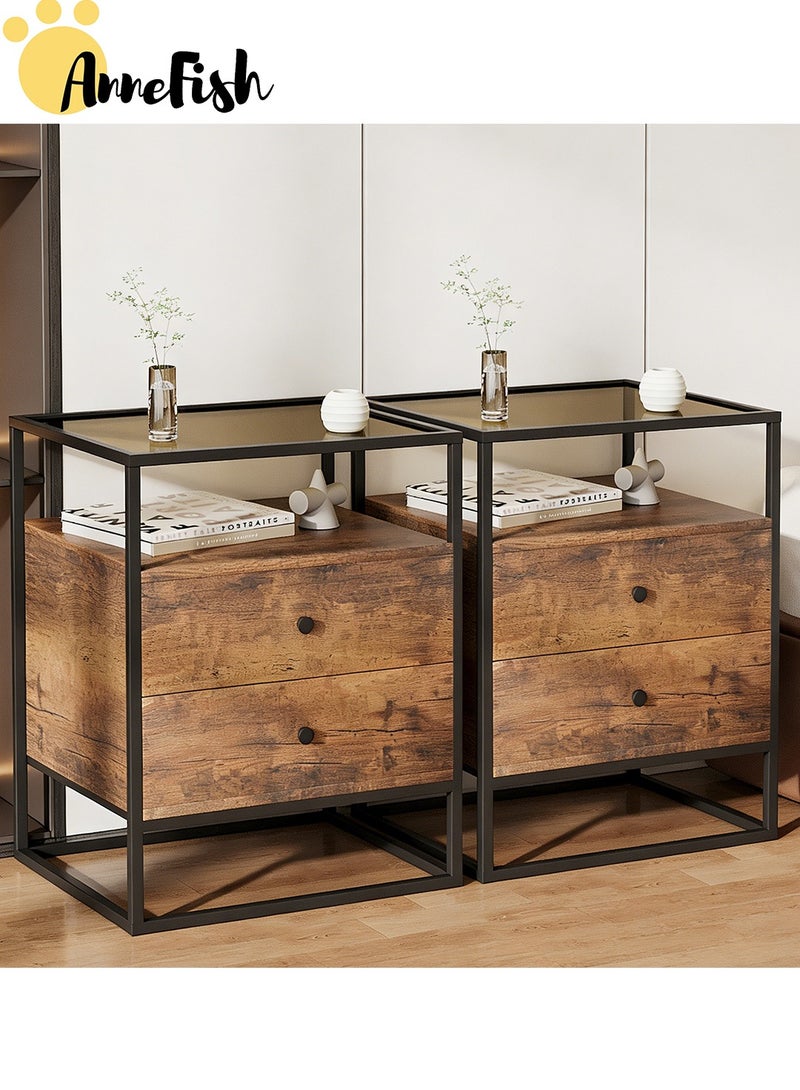 AnneFish 2pcs 50*40*60cm Nightstand Side Table Tempered Glass Top Sofa Coffee End Storage Cabinet with Metal Frame Storage Shelf and 2 Drawers for Living Room and Bedroom - Image 1