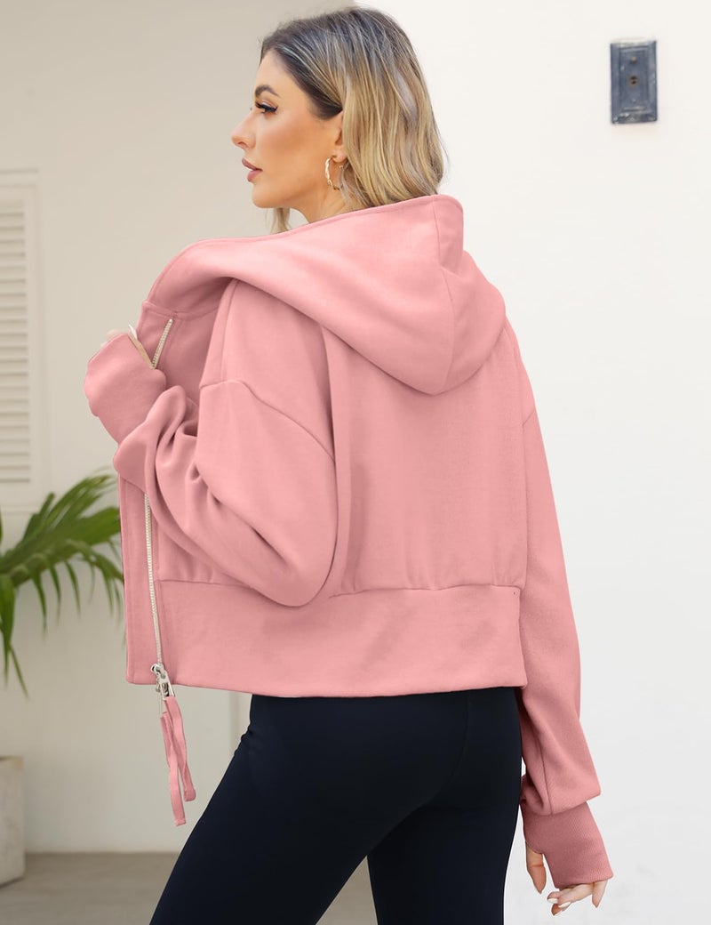 Arssm Cropped Hoodie Women Long Sleeve Sweatshirts Casual Fashion Hooded Zip up Workout Jacket with Thumb Holes(Pink-S) - Image 4