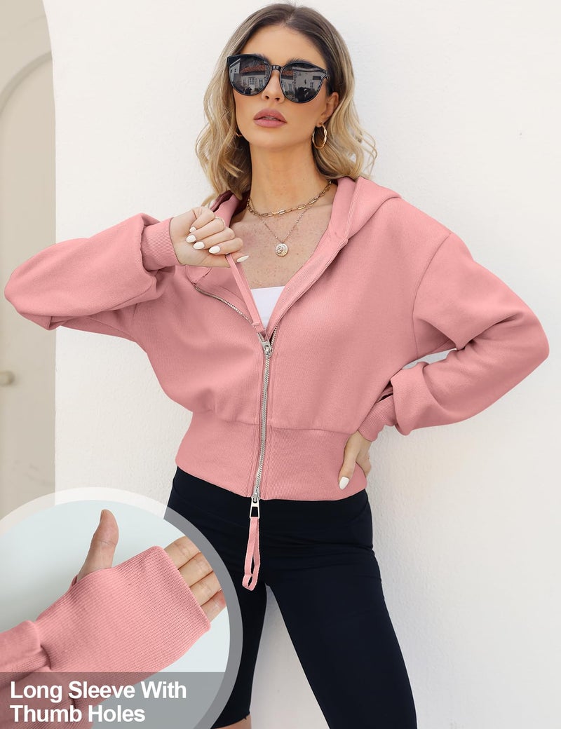Arssm Cropped Hoodie Women Long Sleeve Sweatshirts Casual Fashion Hooded Zip up Workout Jacket with Thumb Holes(Pink-S) - Image 3
