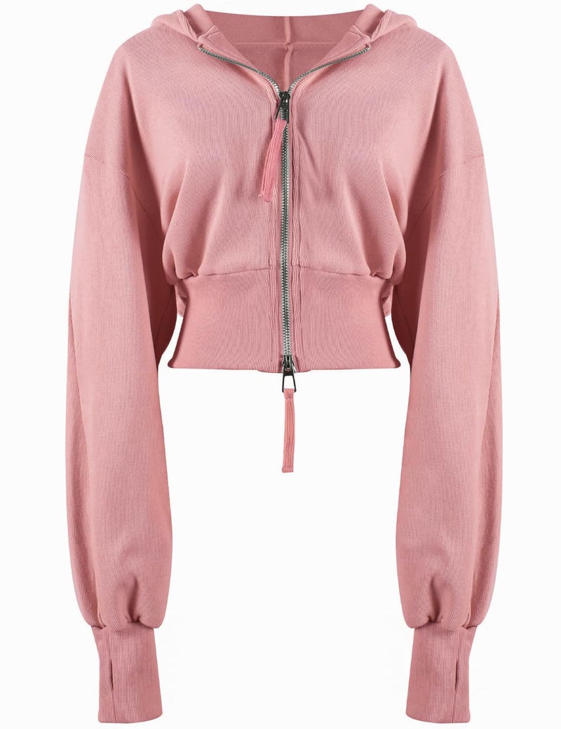 Arssm Cropped Hoodie Women Long Sleeve Sweatshirts Casual Fashion Hooded Zip up Workout Jacket with Thumb Holes(Pink-S) - Image 1
