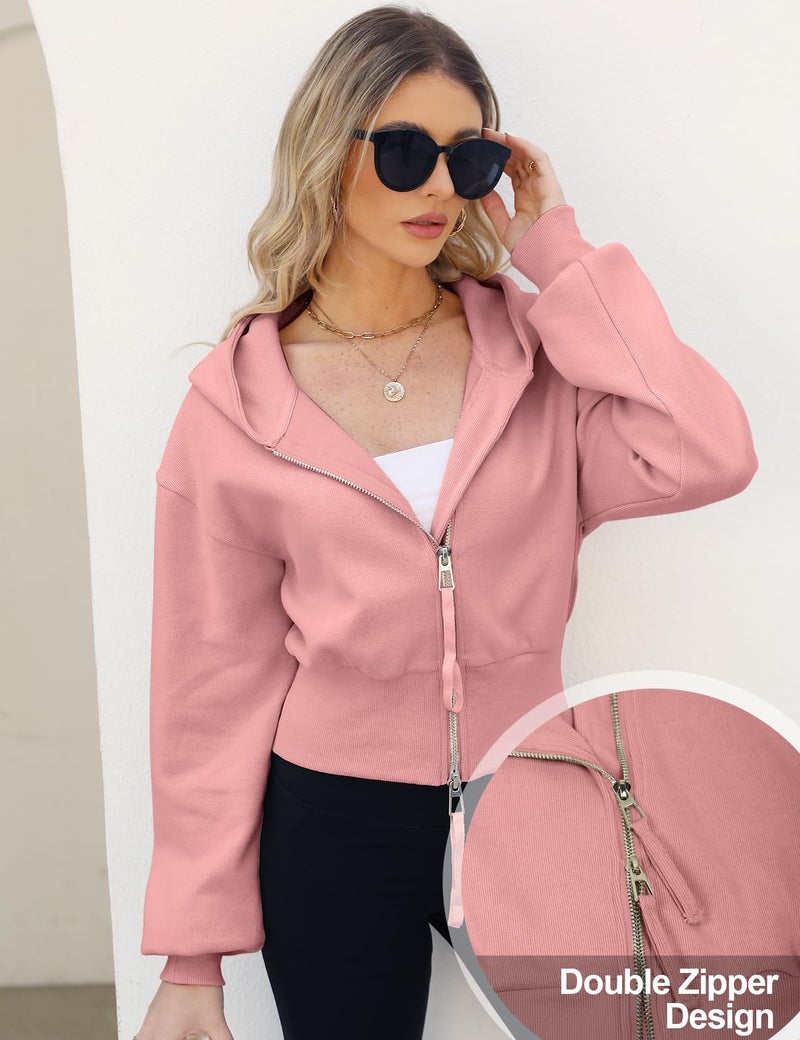 Arssm Cropped Hoodie Women Long Sleeve Sweatshirts Casual Fashion Hooded Zip up Workout Jacket with Thumb Holes(Pink-S) - Image 2