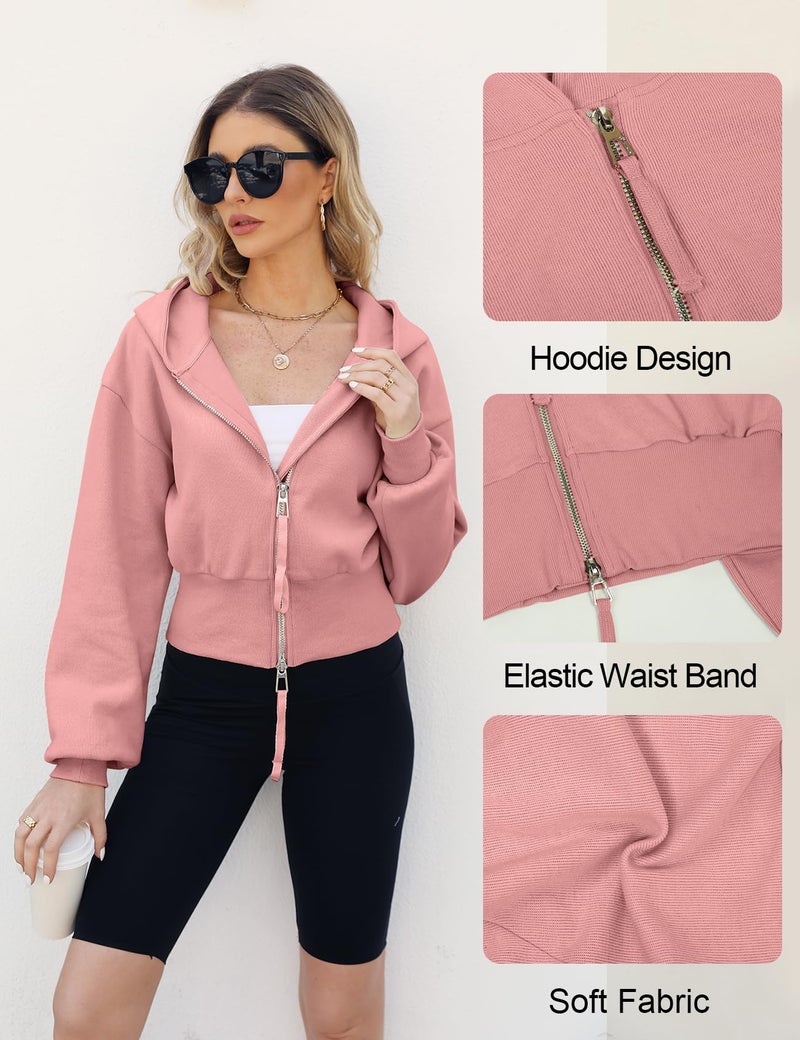 Arssm Cropped Hoodie Women Long Sleeve Sweatshirts Casual Fashion Hooded Zip up Workout Jacket with Thumb Holes(Pink-S) - Image 5
