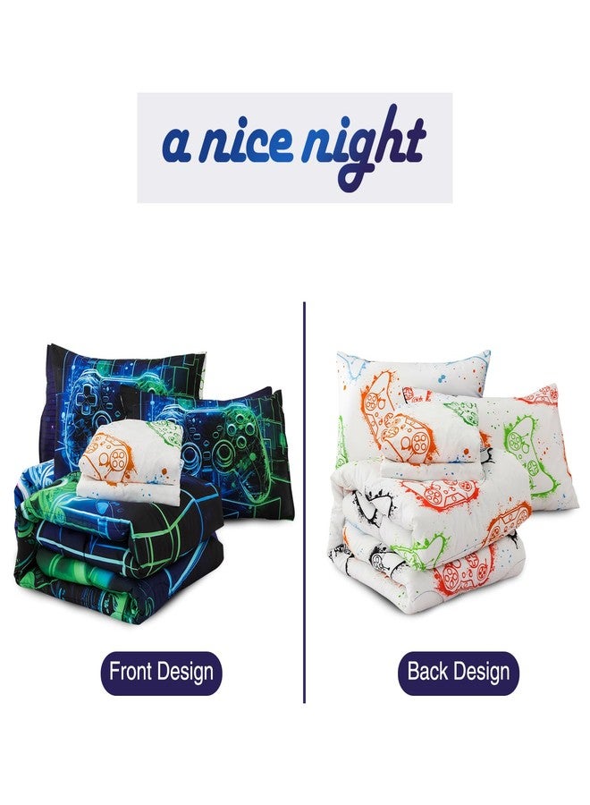 A Nice Night طقم لحاف مريح للألعاب 5 قطع لليلة جميلة، أزرق أخضر بتصميم طباعة لوحة المفاتيح 3D لذوي الألعاب للأطفال والمراهقين، لحاف قابل للعكس لجميع الفصول، توأم - Image 3