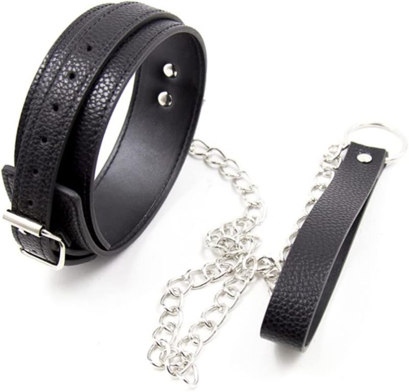 Leather cosplay collar, adjustable neck with chain strap, punk bar stage chokers/black - Image 2