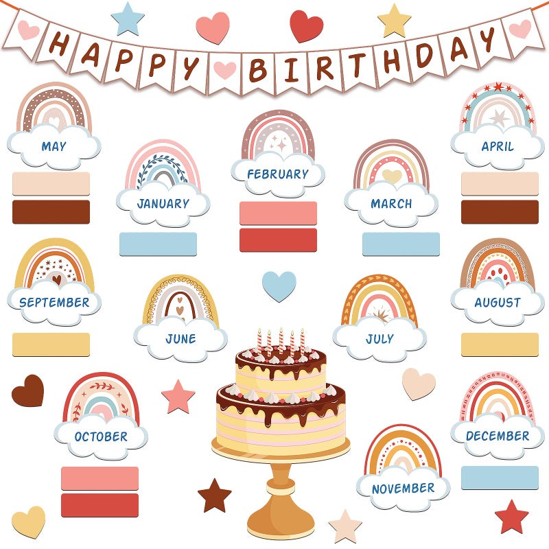 Marspark 65 Pieces Birthday Bulletin Board Set Boho Classroom Decor Rainbow Birthday Bulletin Board Decorations Chart Wall Decoration Cutouts for Classroom SchoolBoho Color
