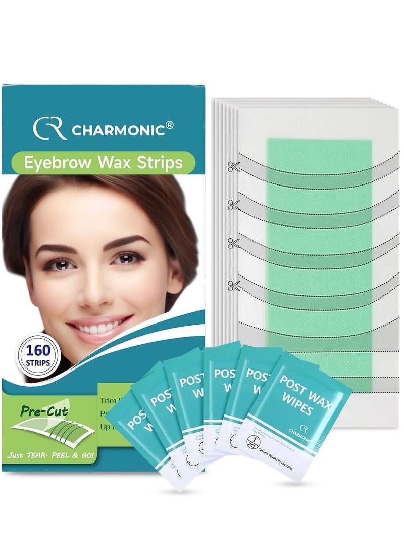 Charmonic Eyebrow Wax Strips - Pre-cut, 160 Count Waxing Strips, Eyebrow Waxing Kit for Eyebrow Shaper, Traveling and At Home Waxing Kit for Women Contains 6 After-Wax Wipes  - Image 1