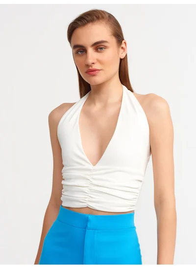 Dilvin 20154 Gather Detailed Crop Top-Ecru