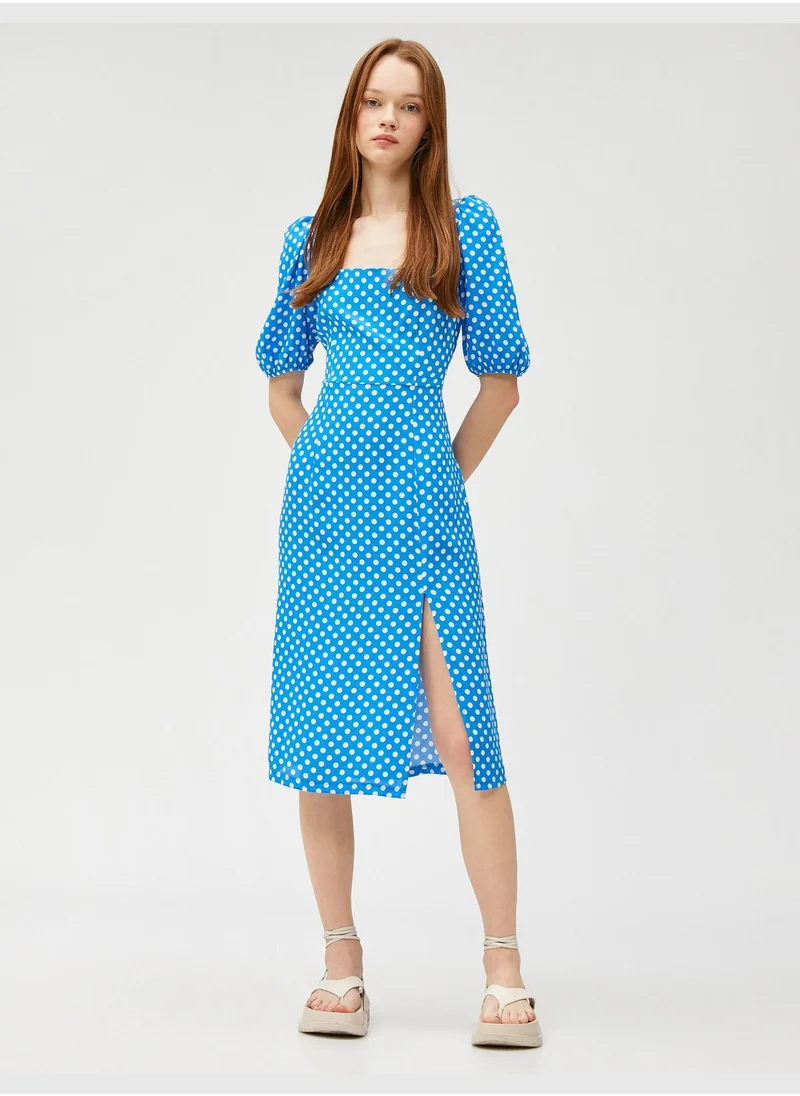 كوتون Midi Polka Dotted Square Neck Puff Sleeve Dress