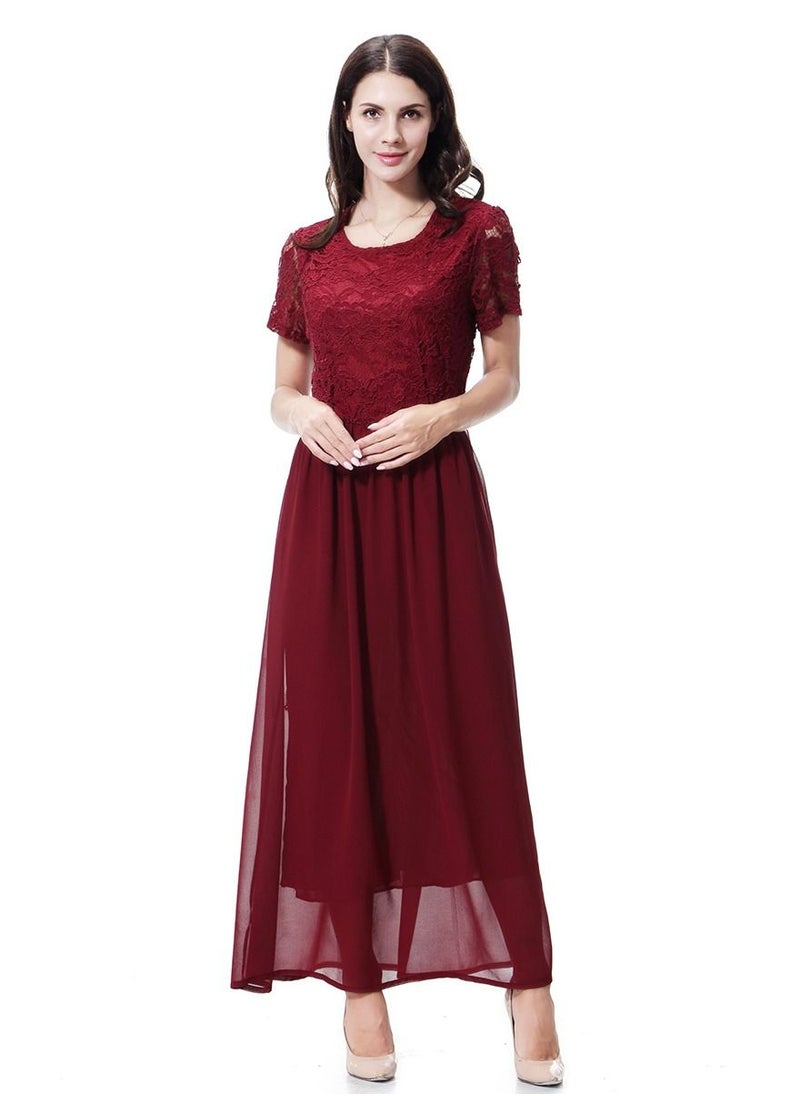 Loquat - Woman's Solid Color Short Sleeve Chiffon Tunic Maxi Dress Wine Red - Image 1