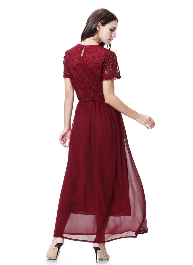 Loquat - Woman's Solid Color Short Sleeve Chiffon Tunic Maxi Dress Wine Red - Image 1