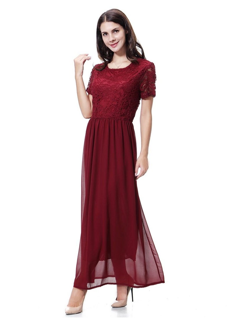Loquat - Woman's Solid Color Short Sleeve Chiffon Tunic Maxi Dress Wine Red - Image 1