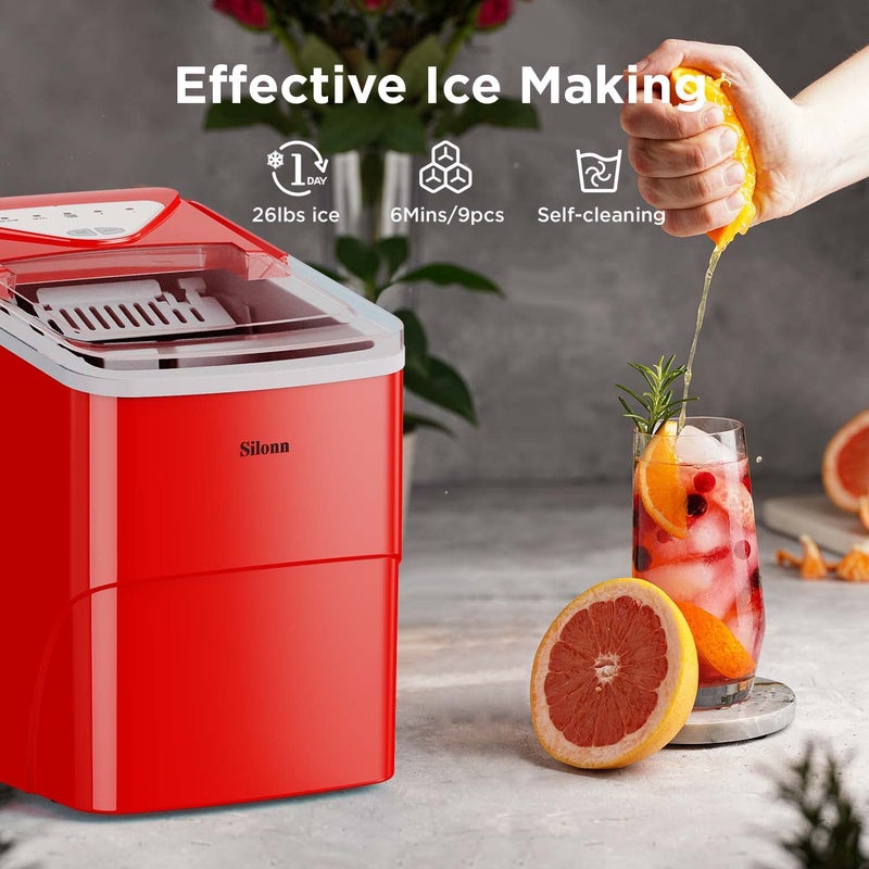 Silonn Ice Makers Countertop, 9 Cubes Ready in 6 Mins, 26lbs in 24Hrs, Self-Cleaning Ice Machine with Ice Scoop and Basket, 2 Sizes of Bullet Ice for Home Kitchen Office Bar Party, Red - Image 2