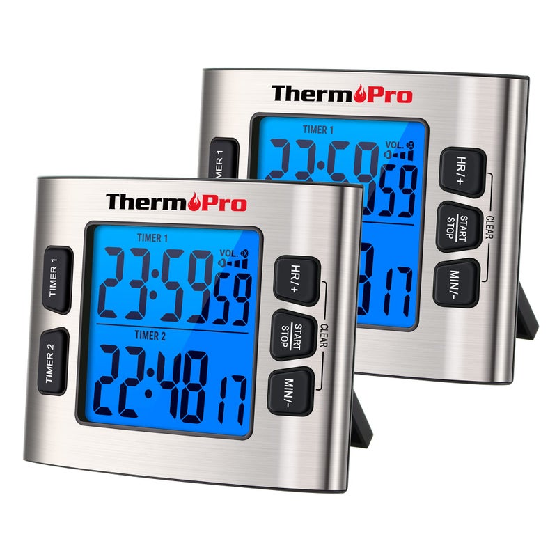 مؤقت مطبخ رقمي ThermoPro TM02 مع وظيفة عد تنازلي مزدوج مع دعم مغناطيسي إنذار قابل للتعديل شاشة LCD مضاءة مثالية للطهي والخبز وكساعة استحمام 24 ساعة للأطفال