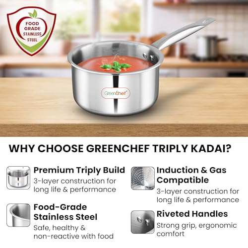 Greenchef SS Tri ply Steel Crest - Sauce pan 14cm, Stainless Steel Exterior Surface, Ergonomic Handles, Induction Compatible, Scratch Resistant, 5Year Warranty - Image 5