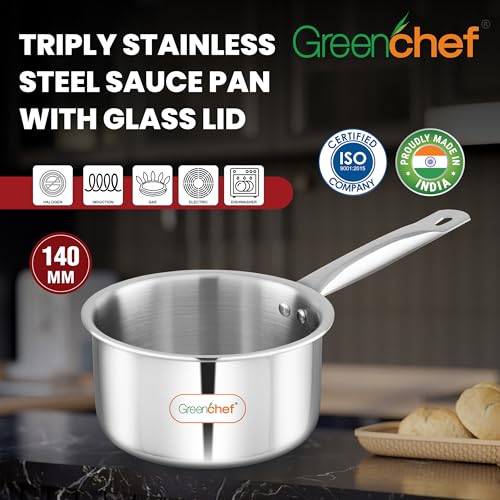 Greenchef SS Tri ply Steel Crest - Sauce pan 14cm, Stainless Steel Exterior Surface, Ergonomic Handles, Induction Compatible, Scratch Resistant, 5Year Warranty - Image 2