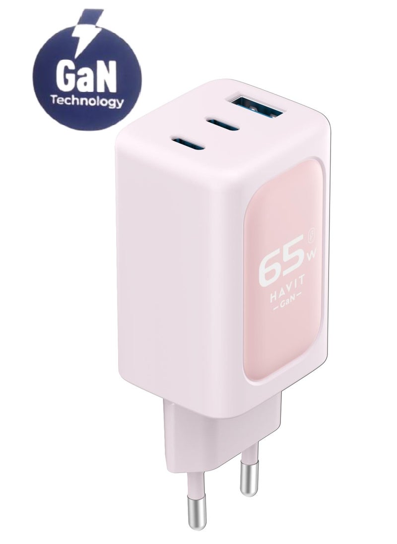 havit wall charger 65 W Fast Charging with GAN technelogy 3 ports Safe for Your Phone model UC260 - PINK  - Image 1