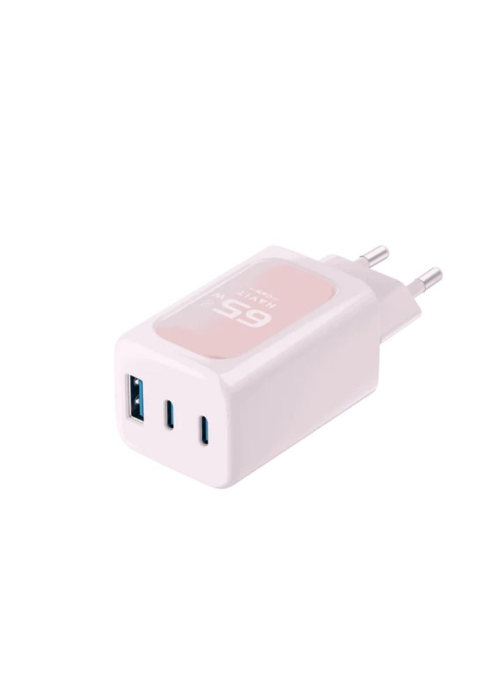 havit wall charger 65 W Fast Charging with GAN technelogy 3 ports Safe for Your Phone model UC260 - PINK  - Image 3