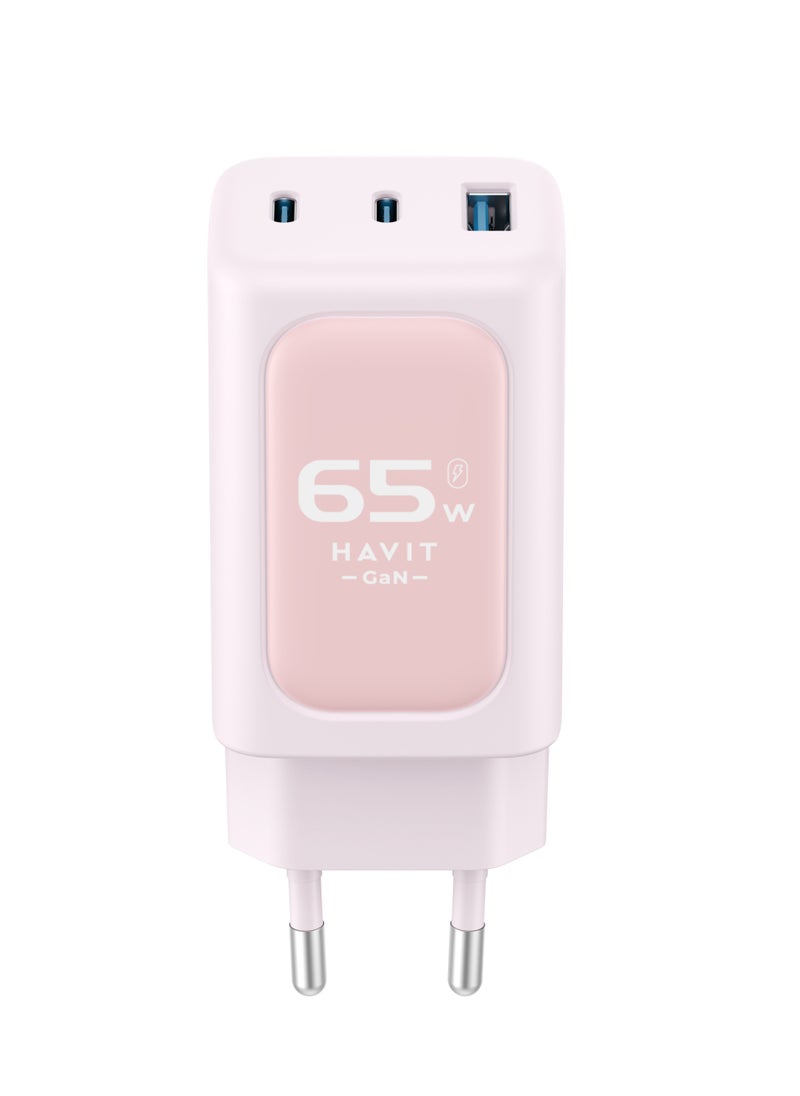 havit wall charger 65 W Fast Charging with GAN technelogy 3 ports Safe for Your Phone model UC260 - PINK  - Image 4