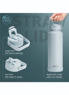 BEOLA 1200ml Vacuum Insulated Water Bottle, Double Wall Stainless Steel Thermos Bottle with wide mouth, 2 lids included, Hot Cold Water Flask, Large Sports Bottle with straw lid, 40oz (Ice Blue)  - Image 3