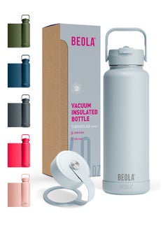 BEOLA 1200ml Vacuum Insulated Water Bottle, Double Wall Stainless Steel Thermos Bottle with wide mouth, 2 lids included, Hot Cold Water Flask, Large Sports Bottle with straw lid, 40oz (Ice Blue)  - Image 1