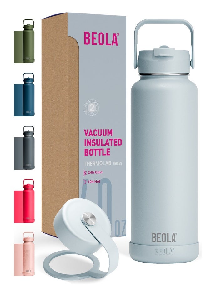 BEOLA 1200ml Vacuum Insulated Water Bottle, Double Wall Stainless Steel Thermos Bottle with wide mouth, 2 lids included, Hot Cold Water Flask, Large Sports Bottle with straw lid, 40oz (Ice Blue)  - Image 1