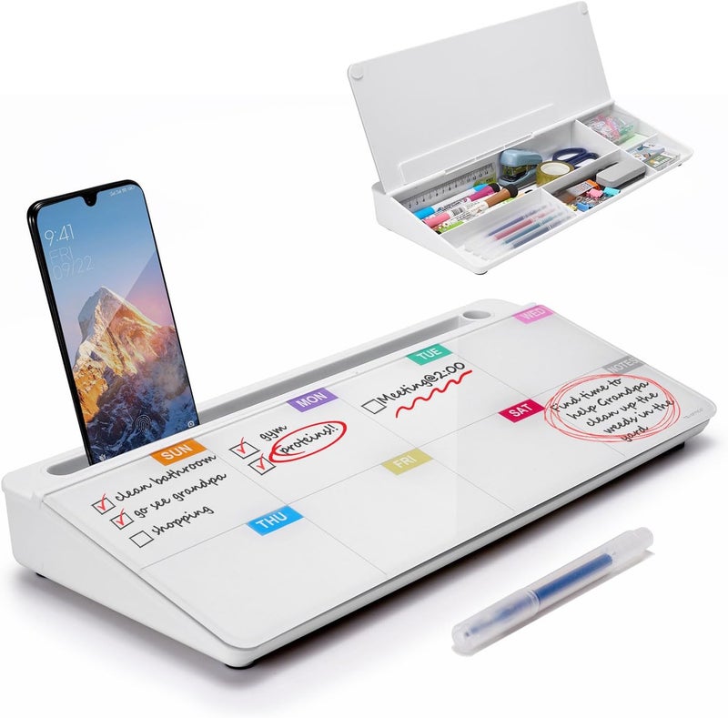 TSJ OFFICE Whiteboard Weekly Dry-Erase-Board - Desktop White Board Calendar Desk Organizers with Accessories Computer Keyboard Stand with Drawer, for Office, Home, School Supplies - Image 1