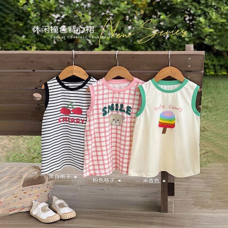 Baby Striped Vest Small Childrens Girl Summer 2024 New Sleeveless Cartoon Cute Vacation Casual T-shirt dress Striped [Cherry Vest]]