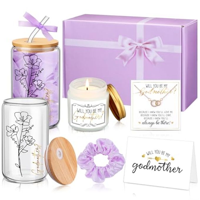 Singhoow 6 Pcs Christmas Godmother Proposal Gift Set Will You Be My Godmother 12oz Glass Cup Necklace Scented Candle Gift Box from Godchild for Mother's Day Birthday Baptism(Purple,English)