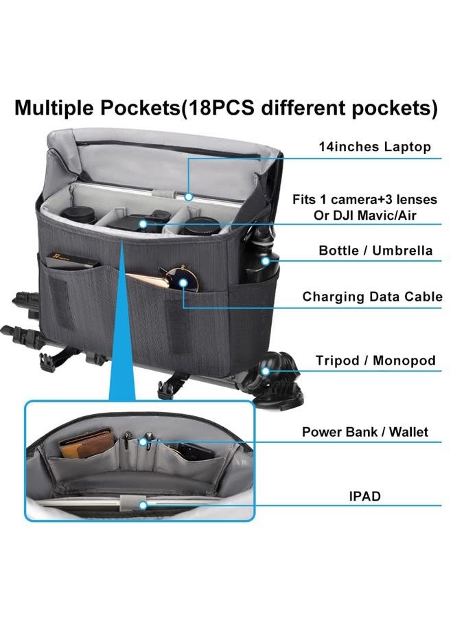 Caden DSLR/SLR Camera Shoulder Bag with 14inch Laptop Compartment, Camera Messenger Bag with Tripod Holder Rain Cover Waterproof, Compatible for Canon Nikon Sony Mirrorless Cameras Black - Image 2