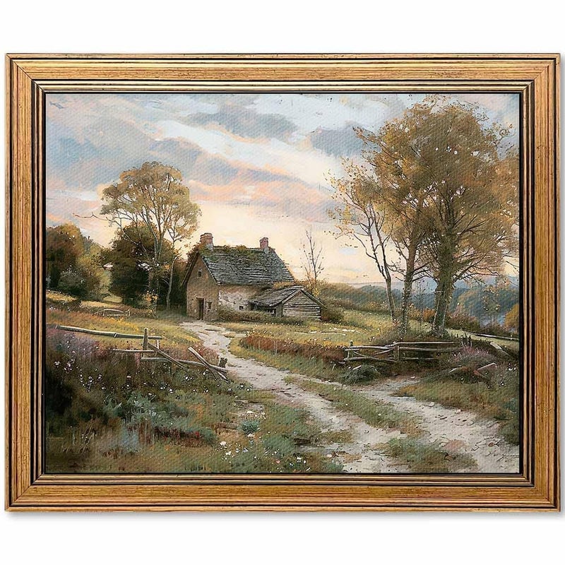 Yeechine Gold Framed Vintage Wall Art Countryside Cottage Landscape Canvas Wall Art Print Kitchen Living Room Wall Decor (rural trail, 16" L x 12" W) - Image 1