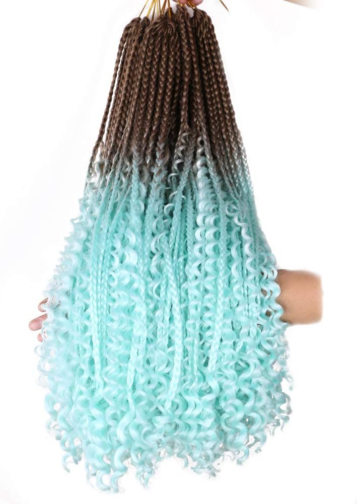 22 Inch Ombre Boho Box Braids Pre Looped Goddess Crochet Braids with Curly Ends 3 Packs Bohemian Braiding Hair Extensions for Women BrownSky Blue