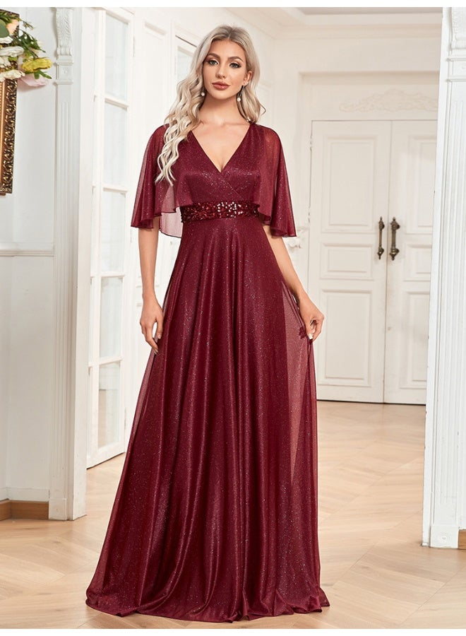 Madam Uniq V-Neck A-Line Batwing Sleeve Fishtail Dress - Flattering Fit - Image 1
