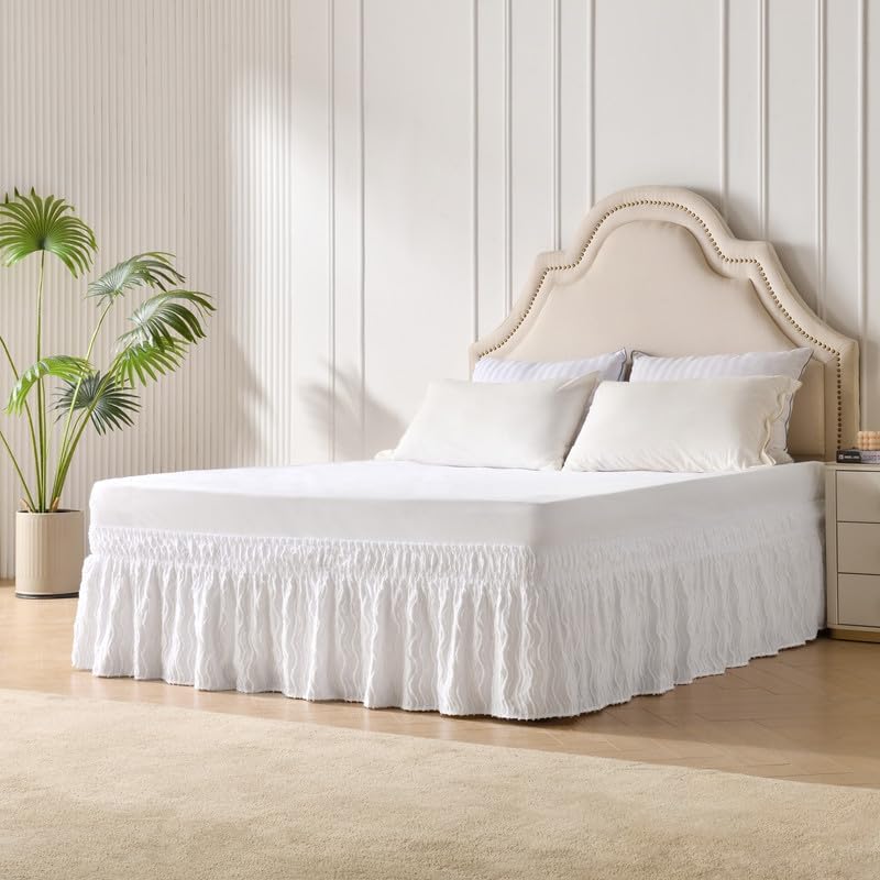 MIYE Wavy Tufted Bed Skirt - Wrap Around Dust Ruffle with Elastic Belts - 15 Inch Drop Easy to Put On - Bedskirt Machine Washable ＆ Wrinkle Resistant(Wavy/White, King/Queen-15 Drop) - Image 3