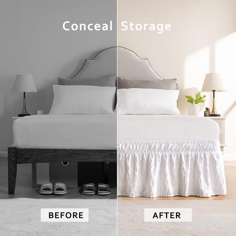 MIYE Wavy Tufted Bed Skirt - Wrap Around Dust Ruffle with Elastic Belts - 15 Inch Drop Easy to Put On - Bedskirt Machine Washable ＆ Wrinkle Resistant(Wavy/White, King/Queen-15 Drop) - Image 4