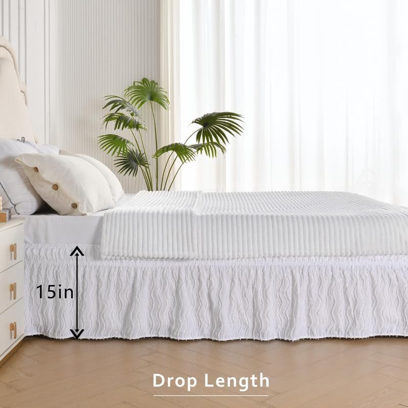 MIYE Wavy Tufted Bed Skirt - Wrap Around Dust Ruffle with Elastic Belts - 15 Inch Drop Easy to Put On - Bedskirt Machine Washable ＆ Wrinkle Resistant(Wavy/White, King/Queen-15 Drop) - Image 5
