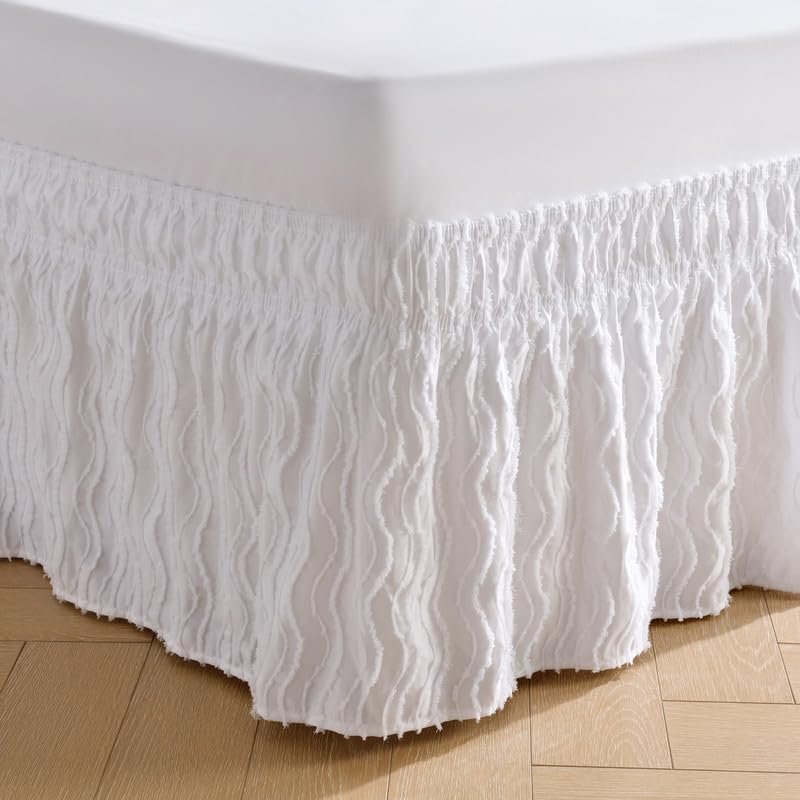 MIYE Wavy Tufted Bed Skirt - Wrap Around Dust Ruffle with Elastic Belts - 15 Inch Drop Easy to Put On - Bedskirt Machine Washable ＆ Wrinkle Resistant(Wavy/White, King/Queen-15 Drop) - Image 2