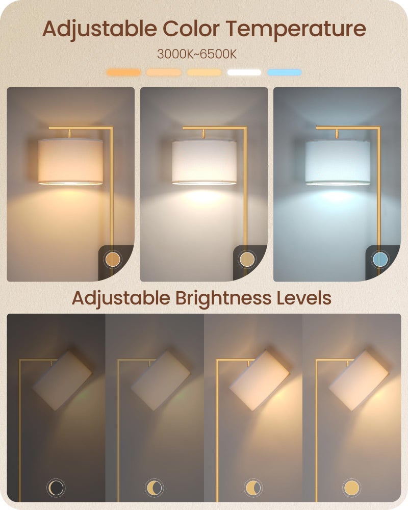 GOEBLESON Gold Dimmable Floor Lamp, Modern Arc Lamp with Remote, Standing Corner Light with Lampshade, Tall Reading Lighting for Bedroom, Living Room, Office, Den, White, LED Bulb Included, DW11LD05 - Image 2