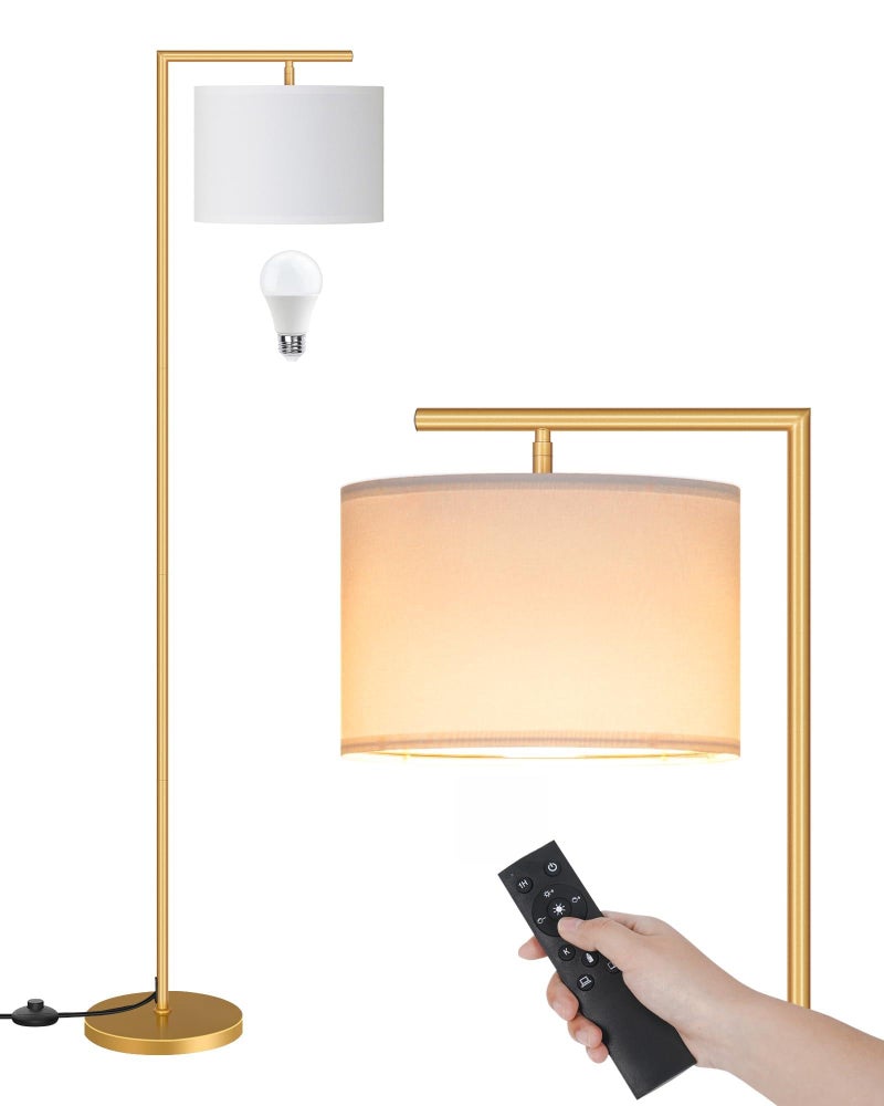 GOEBLESON Gold Dimmable Floor Lamp, Modern Arc Lamp with Remote, Standing Corner Light with Lampshade, Tall Reading Lighting for Bedroom, Living Room, Office, Den, White, LED Bulb Included, DW11LD05 - Image 1