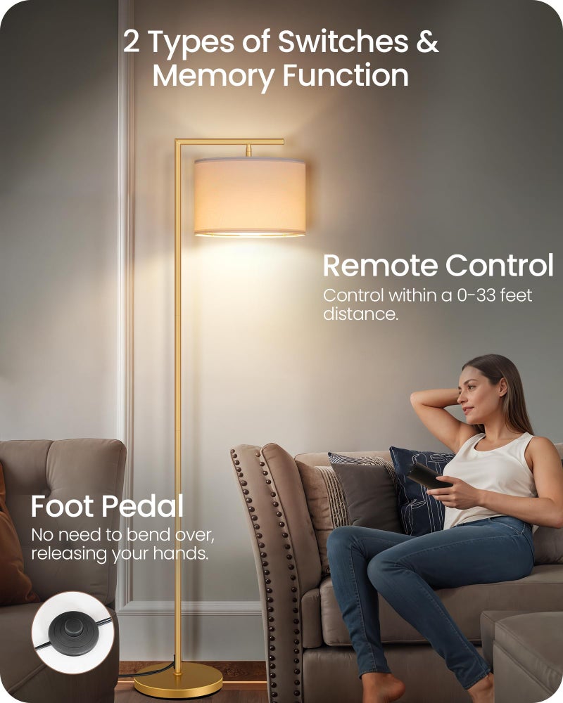 GOEBLESON Gold Dimmable Floor Lamp, Modern Arc Lamp with Remote, Standing Corner Light with Lampshade, Tall Reading Lighting for Bedroom, Living Room, Office, Den, White, LED Bulb Included, DW11LD05 - Image 3